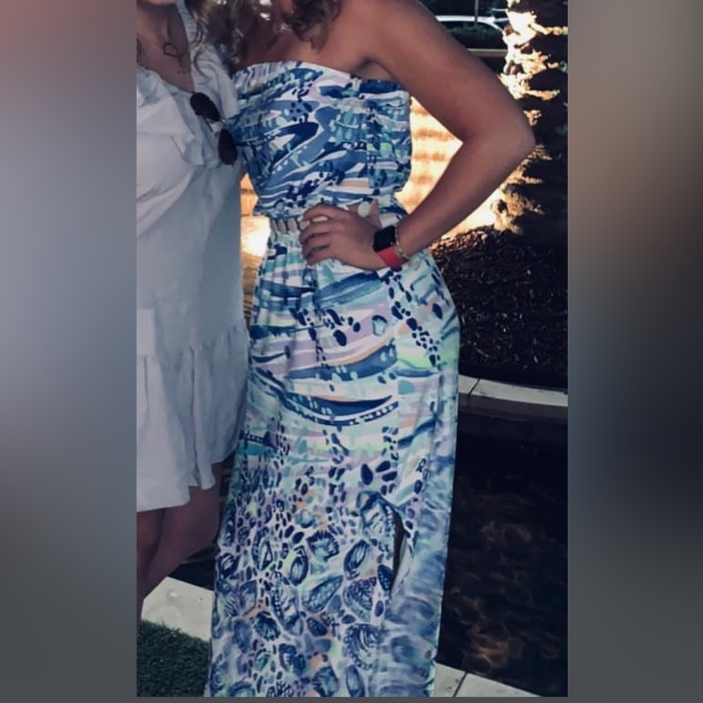 Lilly Pulitzer Blue, Pink & Green Strapless Maxi Dress
